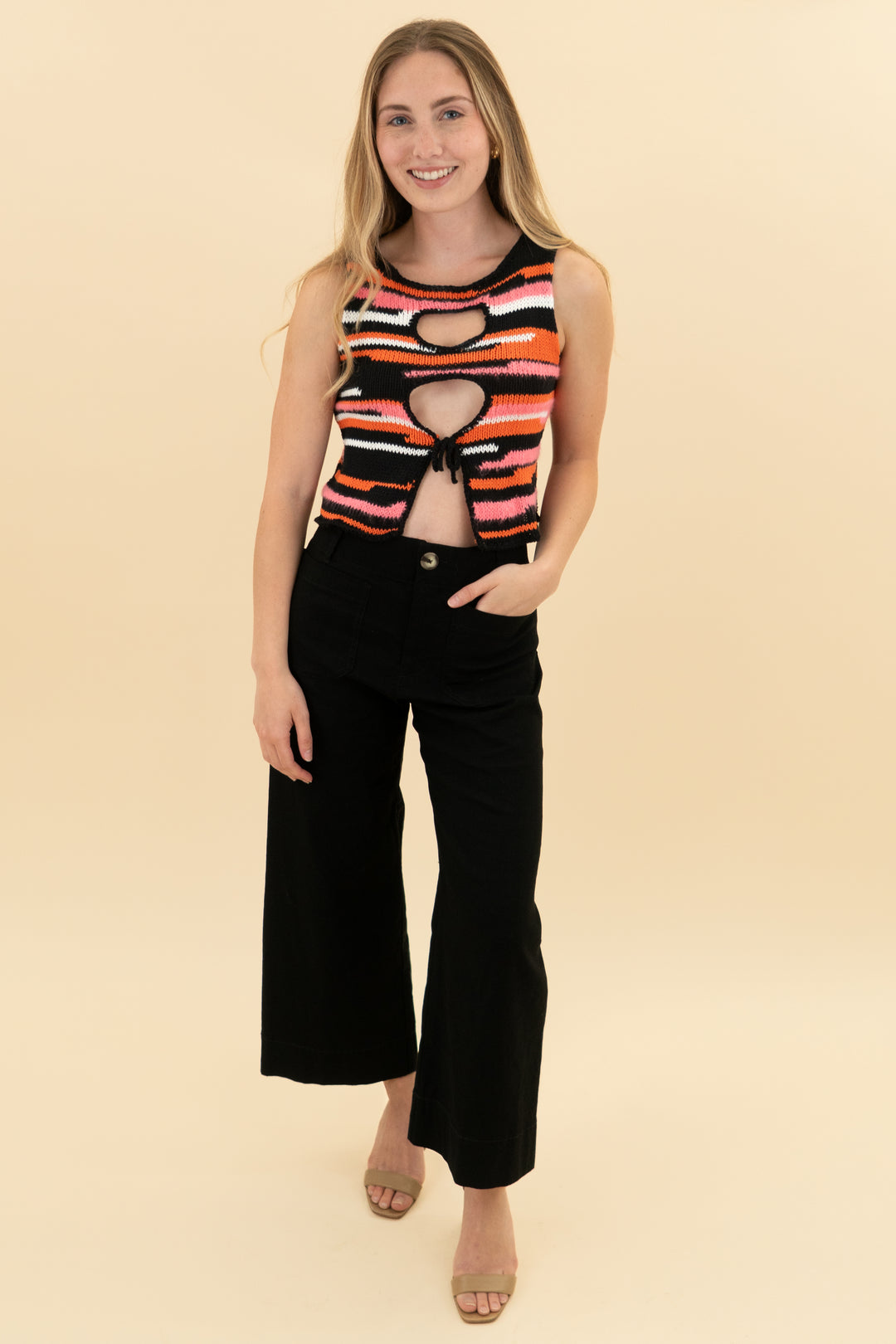 tach clothing stripe crochet knit sleeveless top (xs)