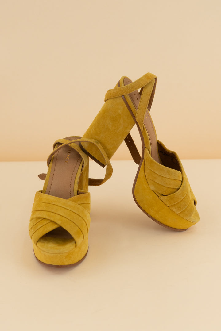 coach mustard yellow platform block heel (6; retail $175)
