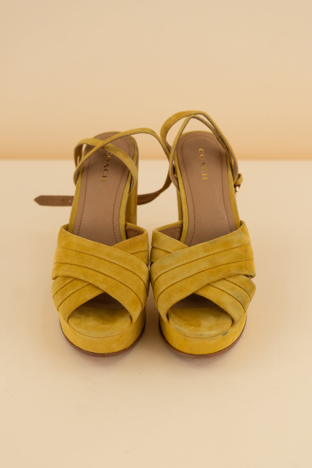 coach mustard yellow platform block heel (6; retail $175)