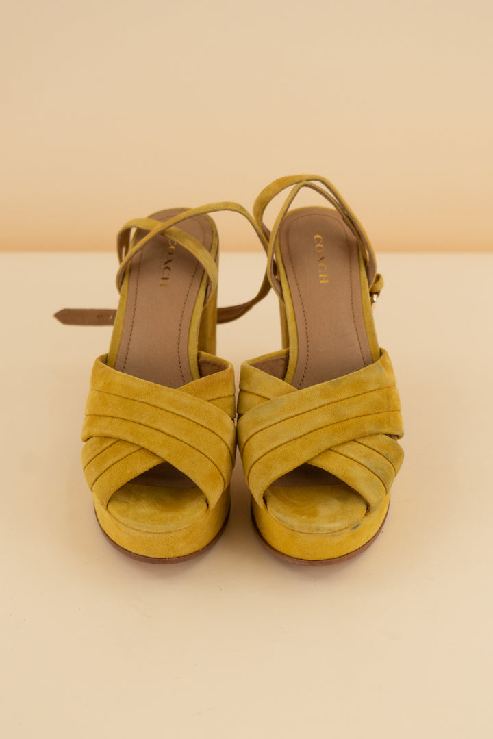coach mustard yellow platform block heel (6; retail $175)