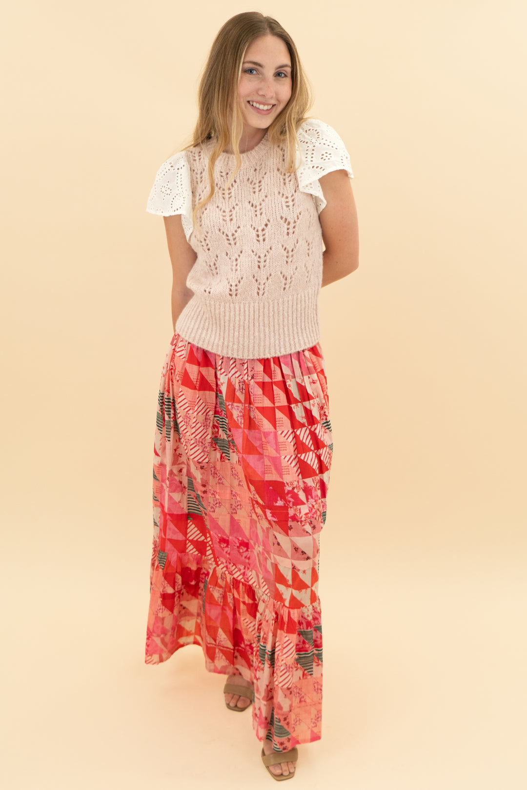 ophelia & indigo red patch print floral maxi skirt (xxs)