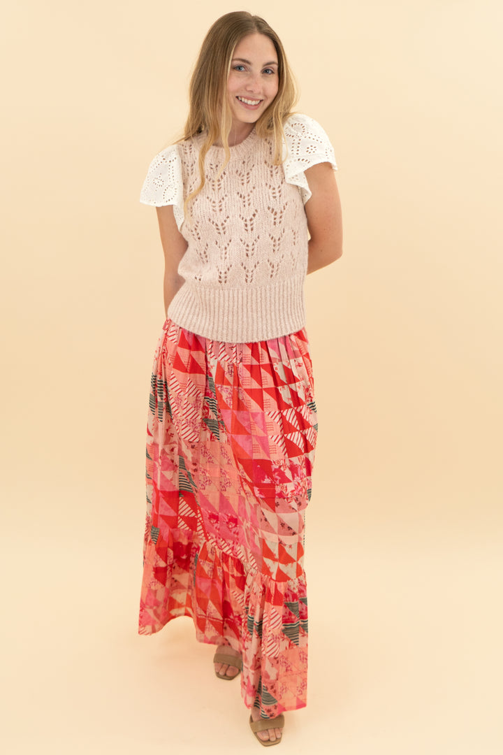 ophelia & indigo red patch print floral maxi skirt (xxs)