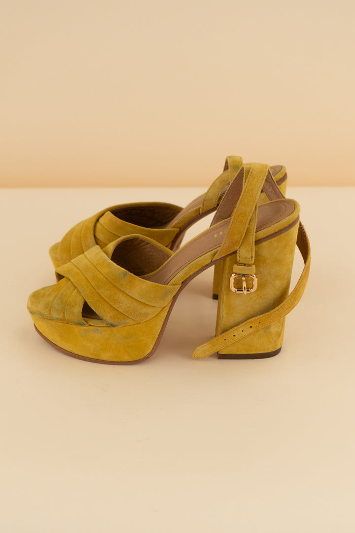 coach mustard yellow platform block heel (6; retail $175)