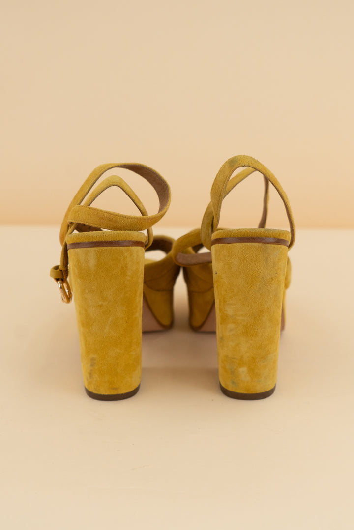coach mustard yellow platform block heel (6; retail $175)