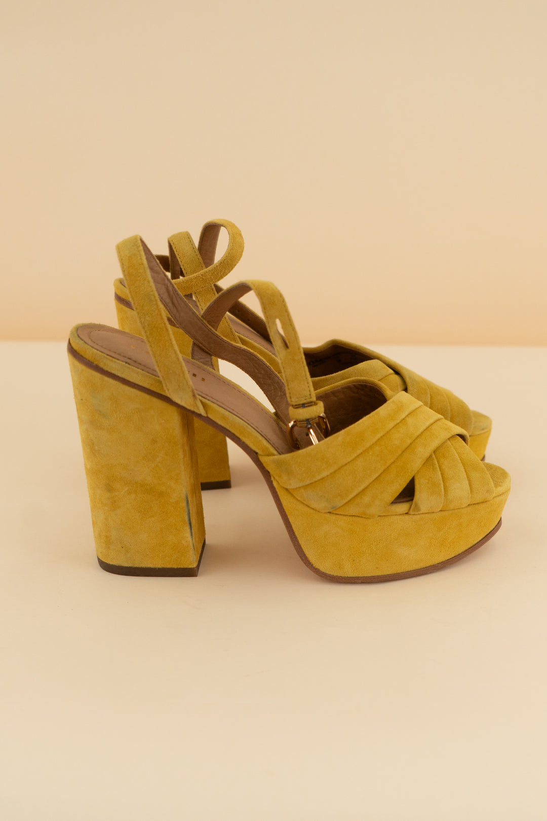 coach mustard yellow platform block heel (6; retail $175)