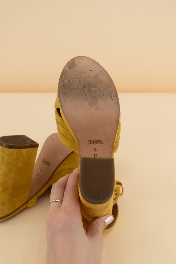 coach mustard yellow platform block heel (6; retail $175)