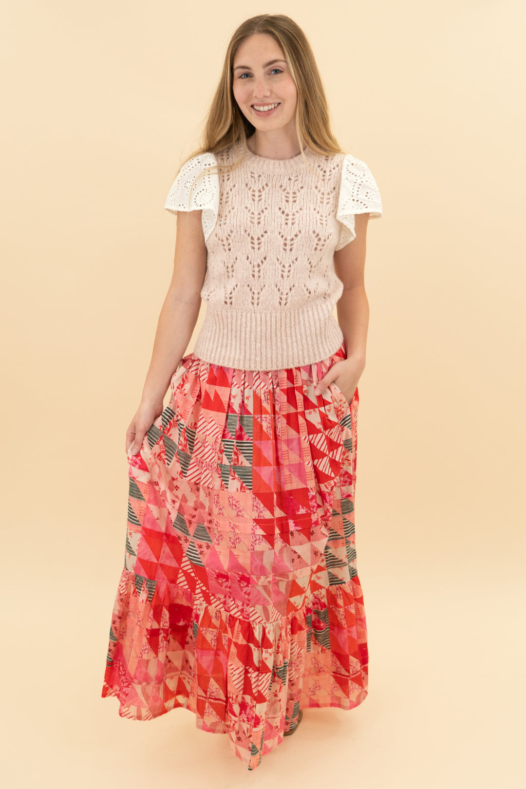rails blush pink knit eyelet ruffled sleeve top (xs)