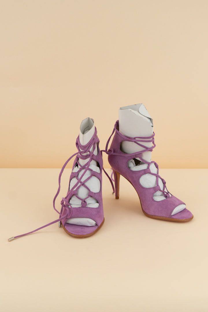 coach purple suede lace-up heel (6; retail $175)
