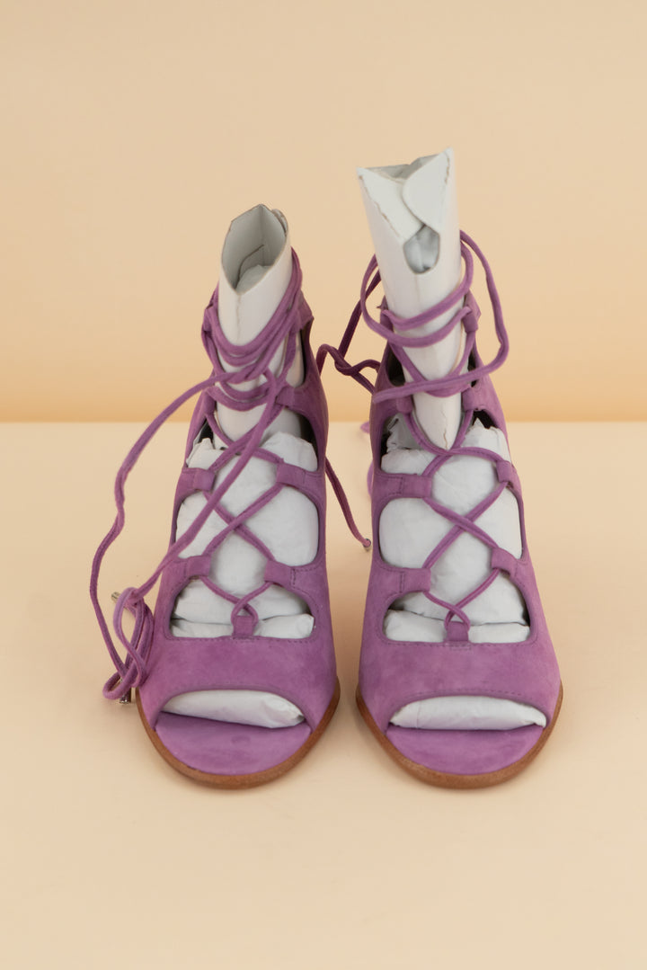 coach purple suede lace-up heel (6; retail $175)