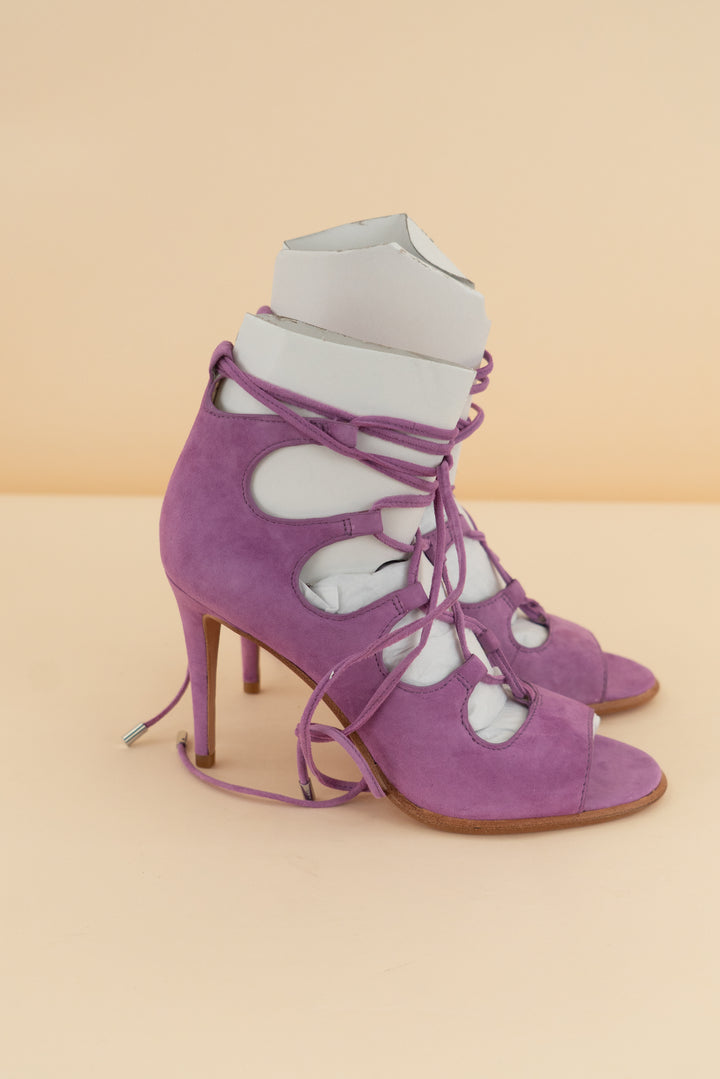 coach purple suede lace-up heel (6; retail $175)