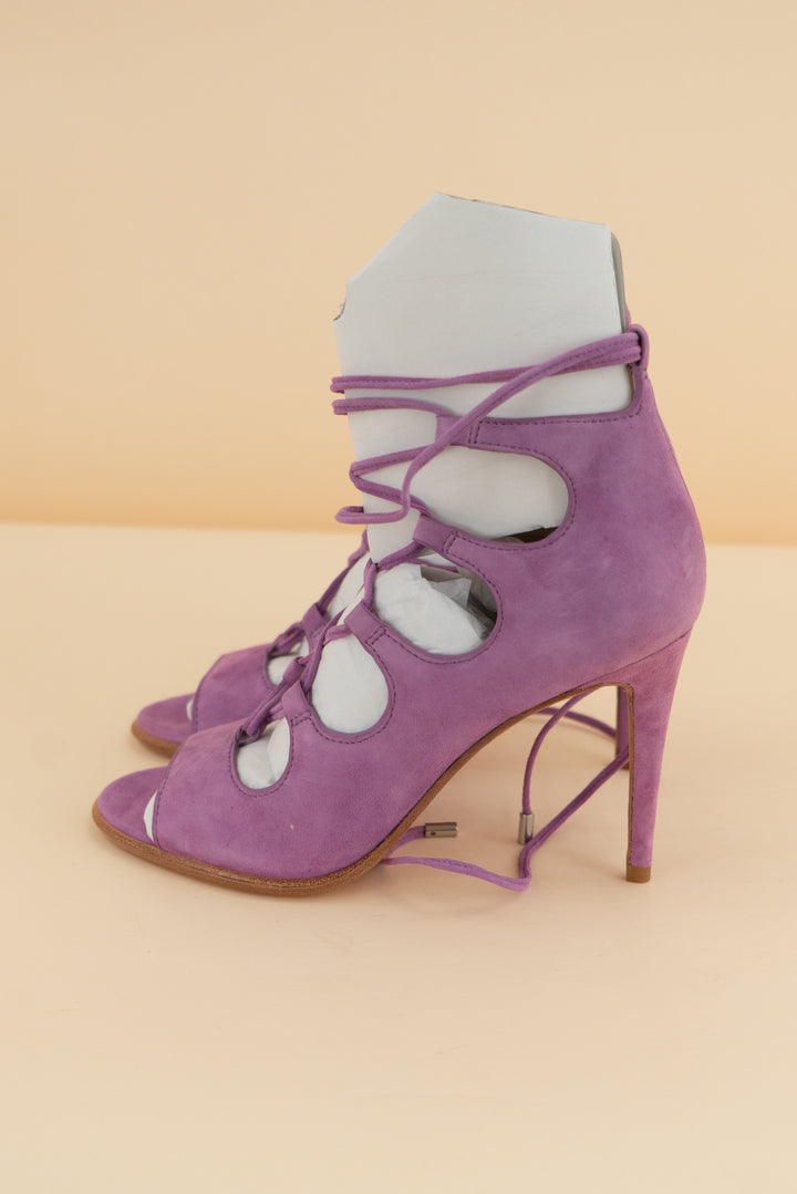coach purple suede lace-up heel (6; retail $175)