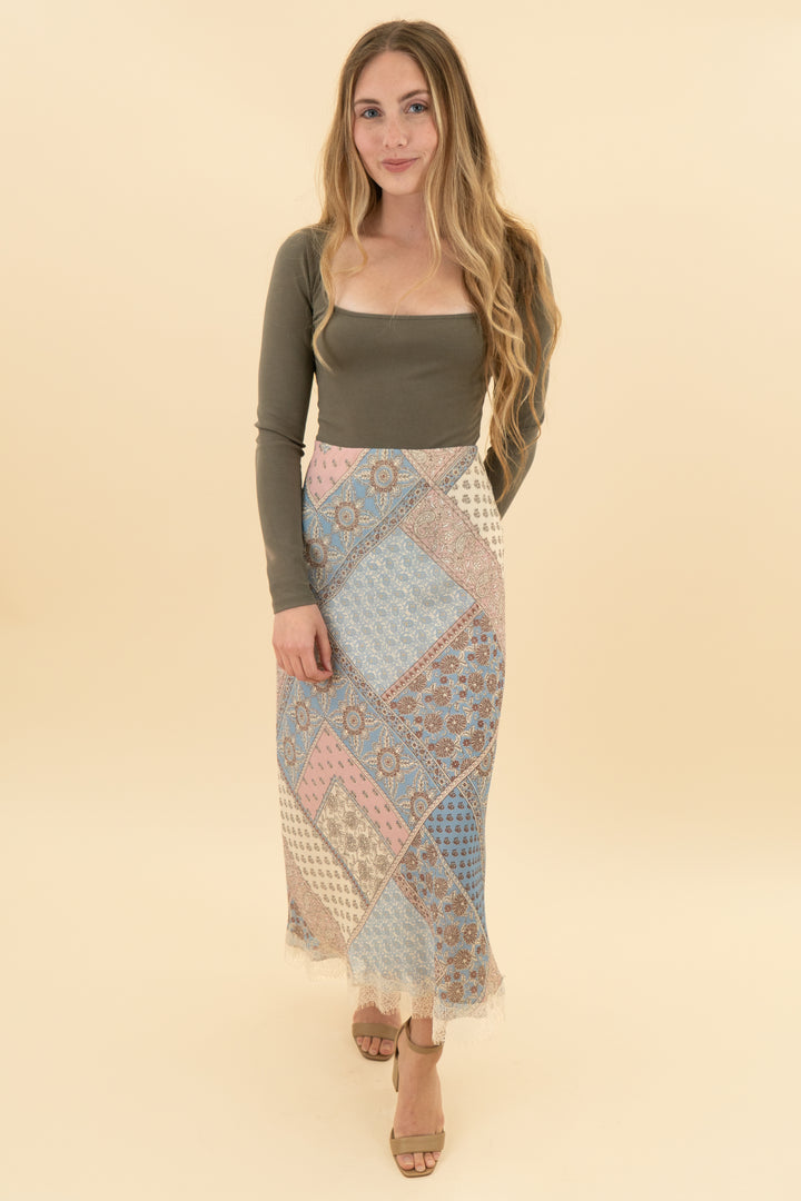 loft bandana print patchwork lace midi skirt (xs; retail $89.95)