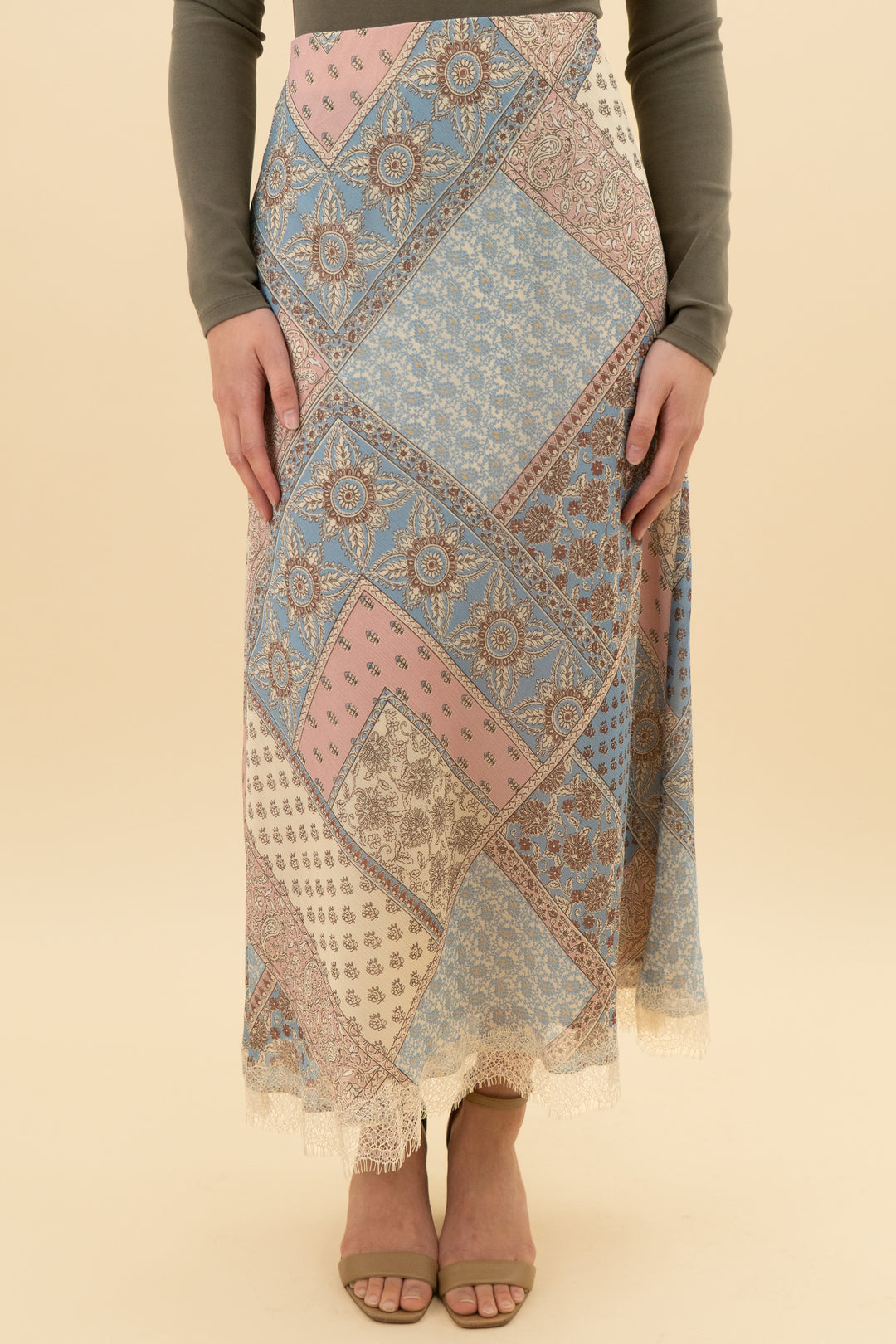 loft bandana print patchwork lace midi skirt (xs; retail $89.95)