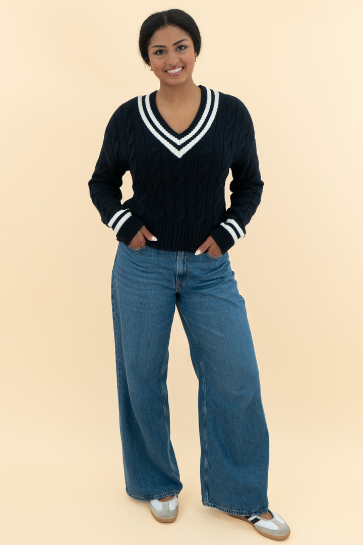 Not Monday Navy knit sweater with two white stripes (s; retail $250)