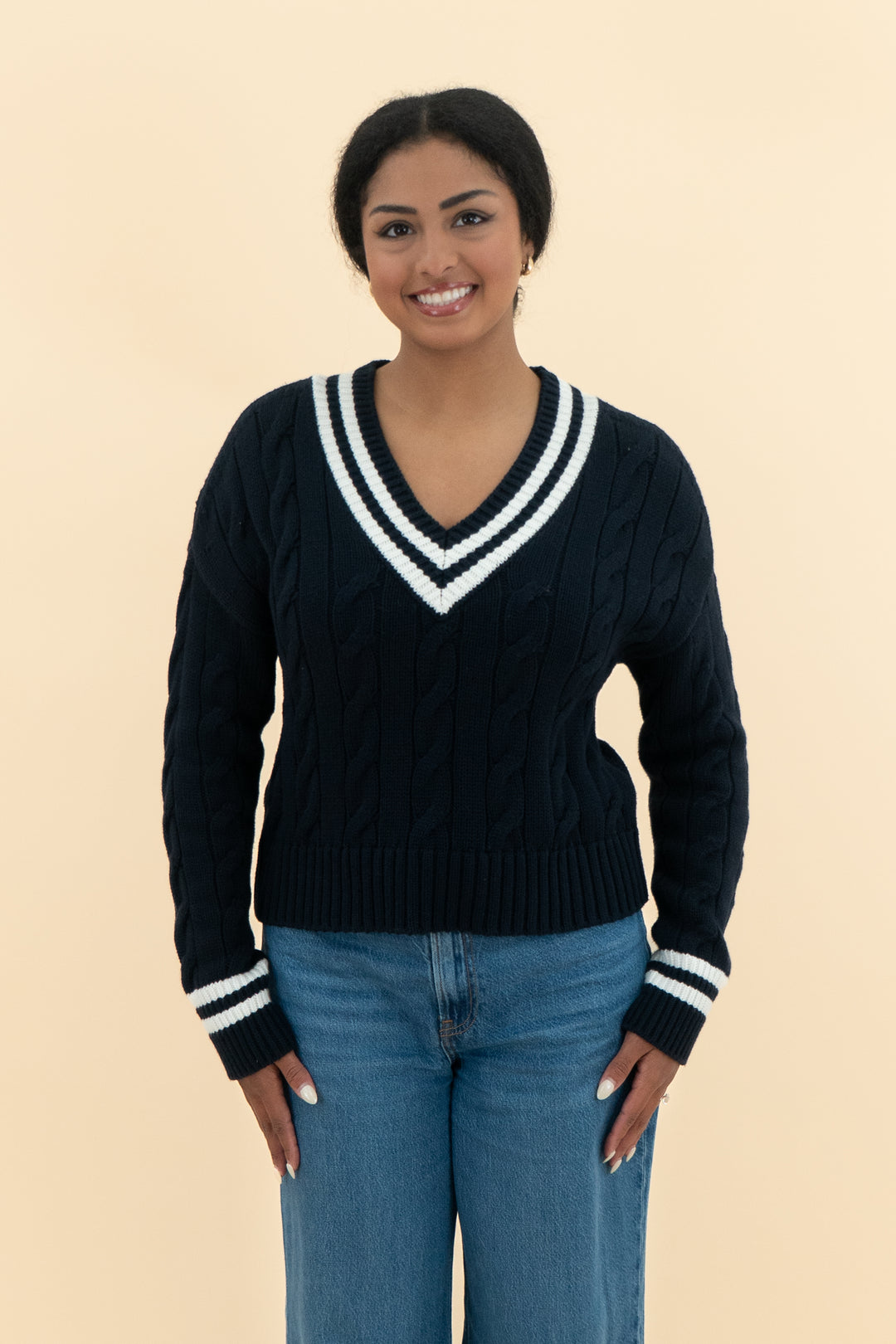 Not Monday Navy knit sweater with two white stripes (s; retail $250)