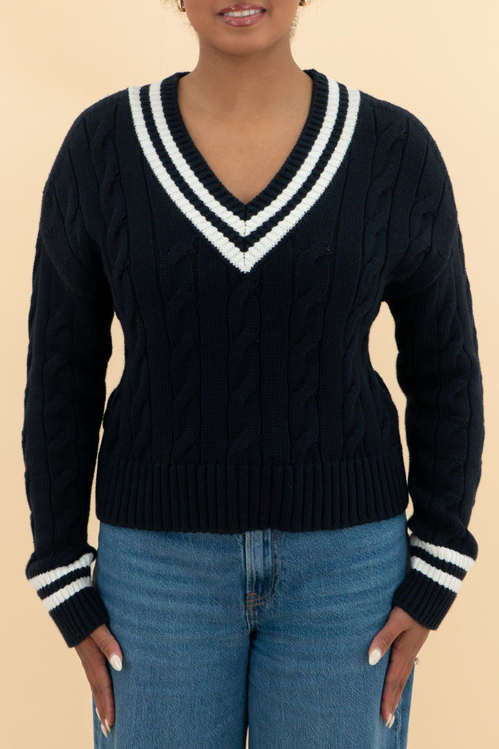 Not Monday Navy knit sweater with two white stripes (s; retail $250)