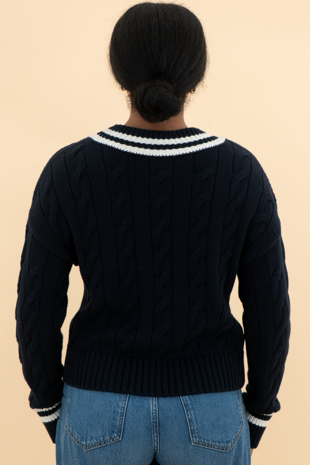 Not Monday Navy knit sweater with two white stripes (s; retail $250)