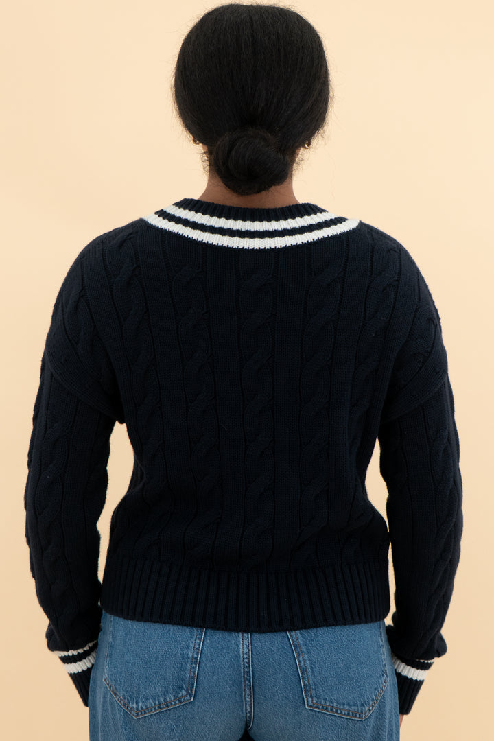 Not Monday Navy knit sweater with two white stripes (s; retail $250)