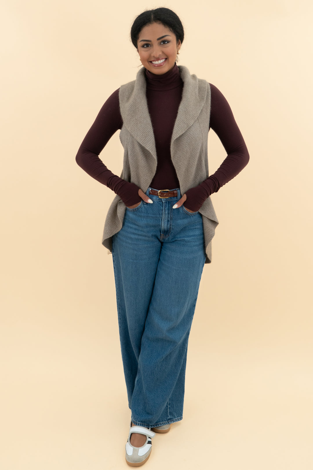 "my" tribe brown sleeveless drape cardigan (m)