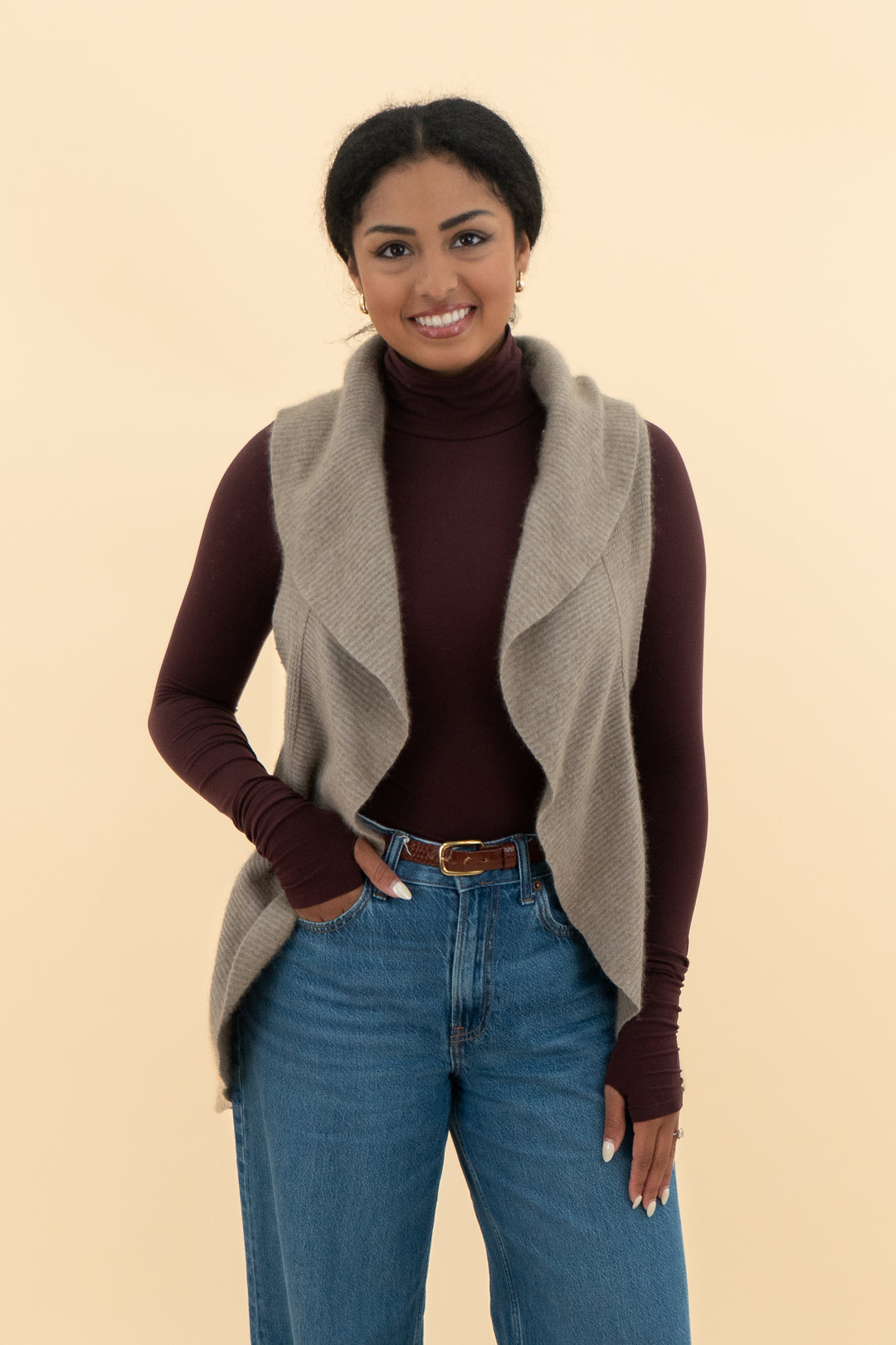 "my" tribe brown sleeveless drape cardigan (m)