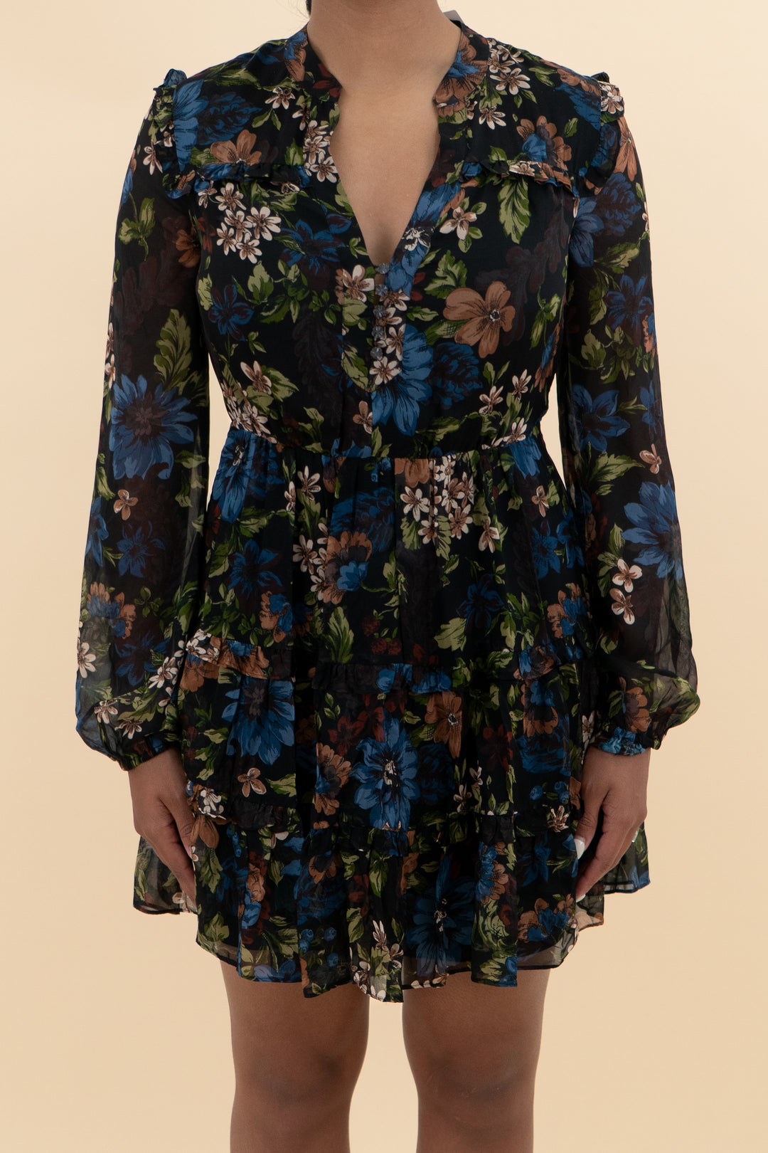 veronica beard black floral long sleeve mini dress (4)
