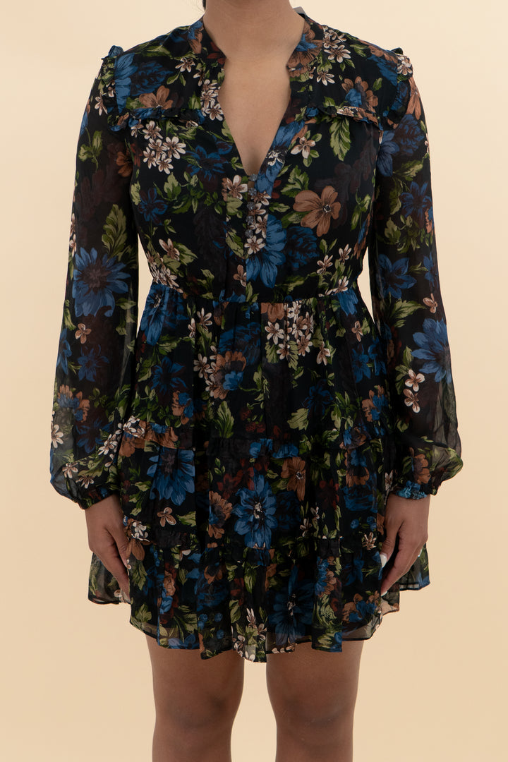 veronica beard black floral long sleeve mini dress (4)