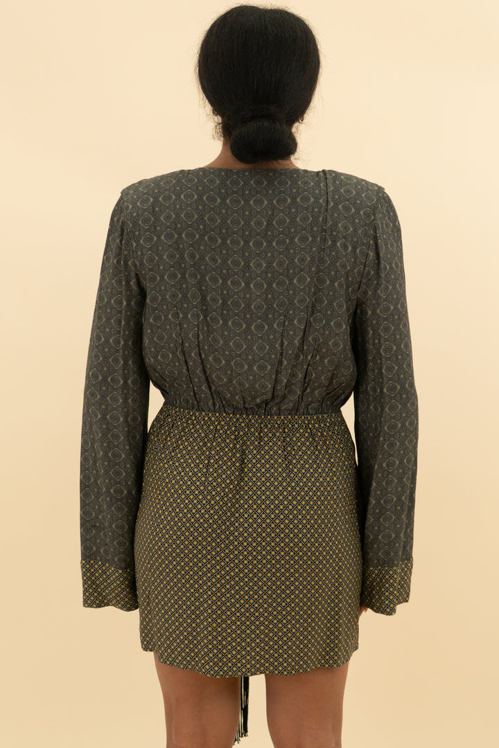 house of harlow green patterned long sleeve mini dress (m)