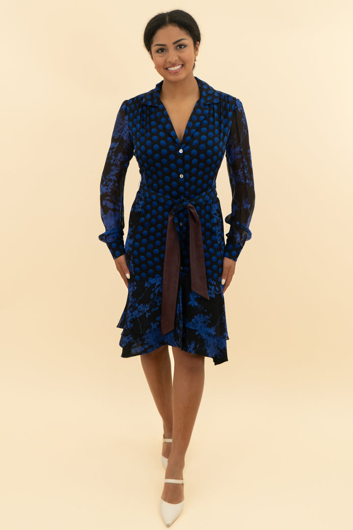 diane von furstenberg black and blue polka dot abstract dress (8; retail $575)