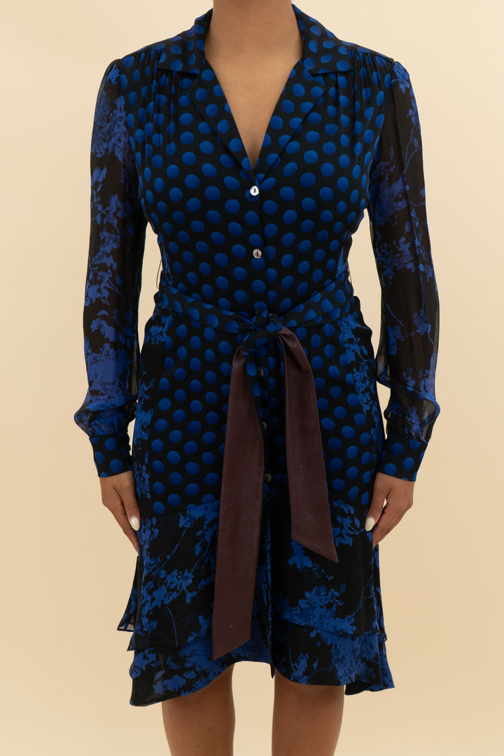 diane von furstenberg black and blue polka dot abstract dress (8; retail $575)
