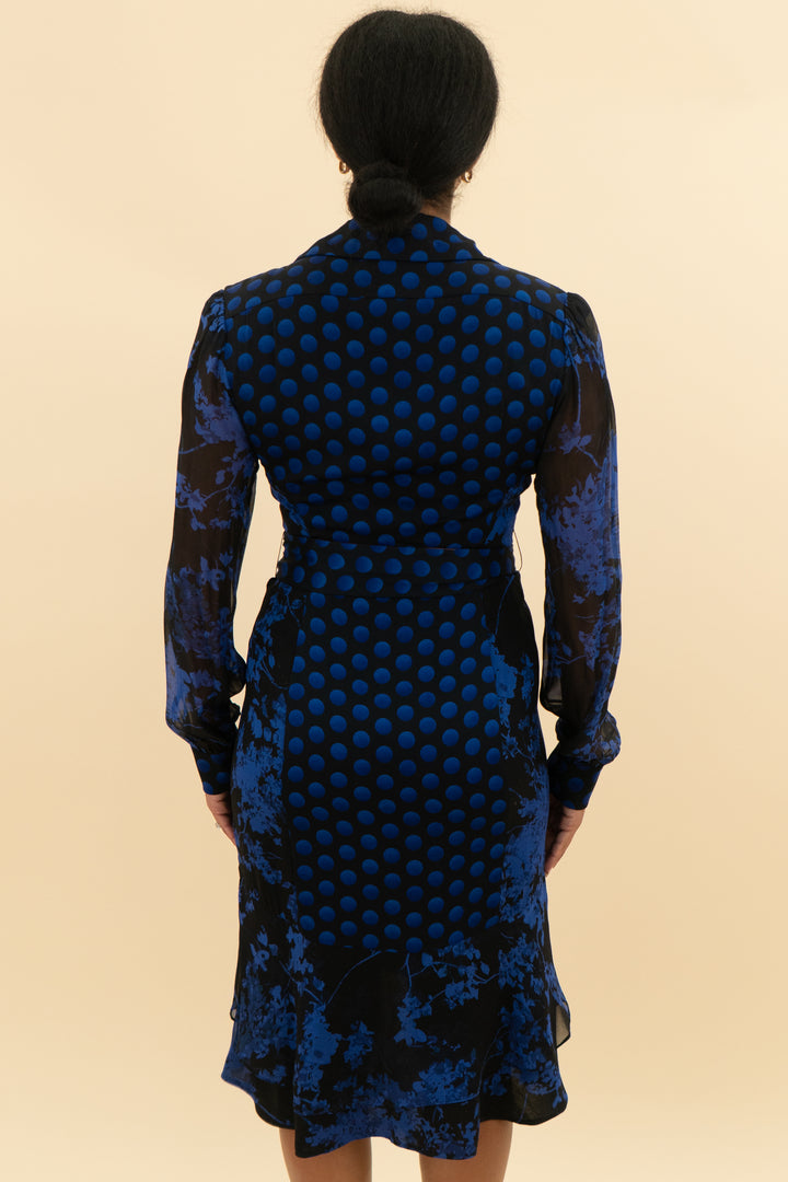 diane von furstenberg black and blue polka dot abstract dress (8; retail $575)