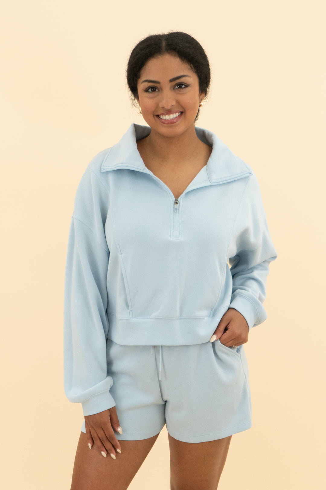 nuuds powder blue quarter zip (m; retail $98)