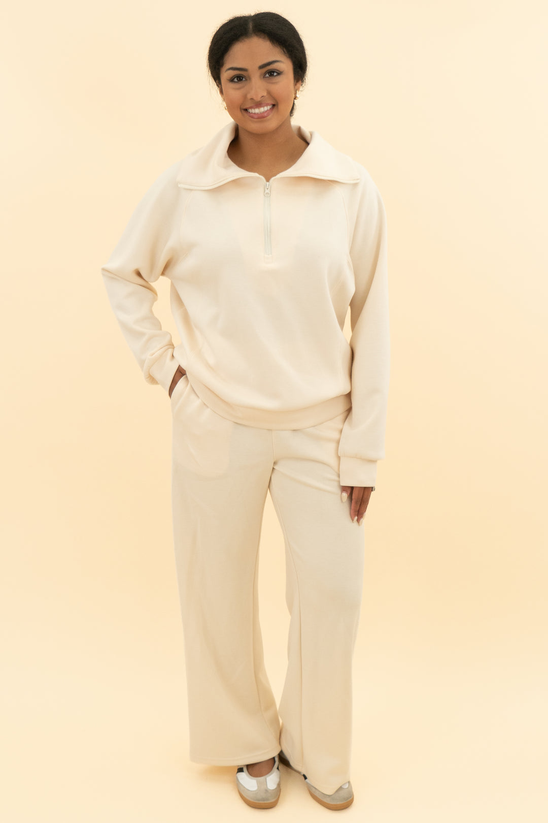 anrabess cream quarter zip and pant set (m; retail $130)