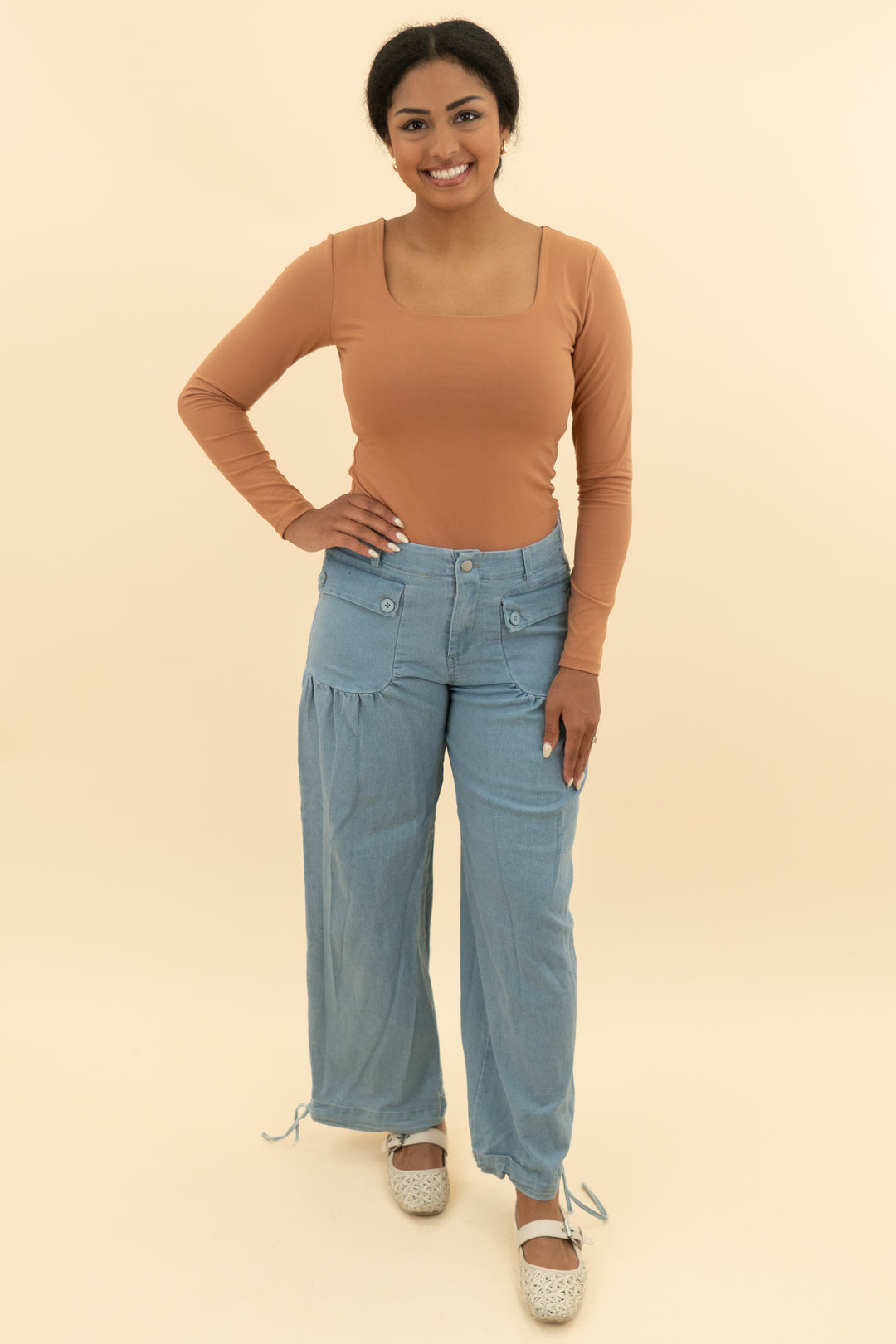 nuuds tan long sleeve bodysuit (m; retail $68)