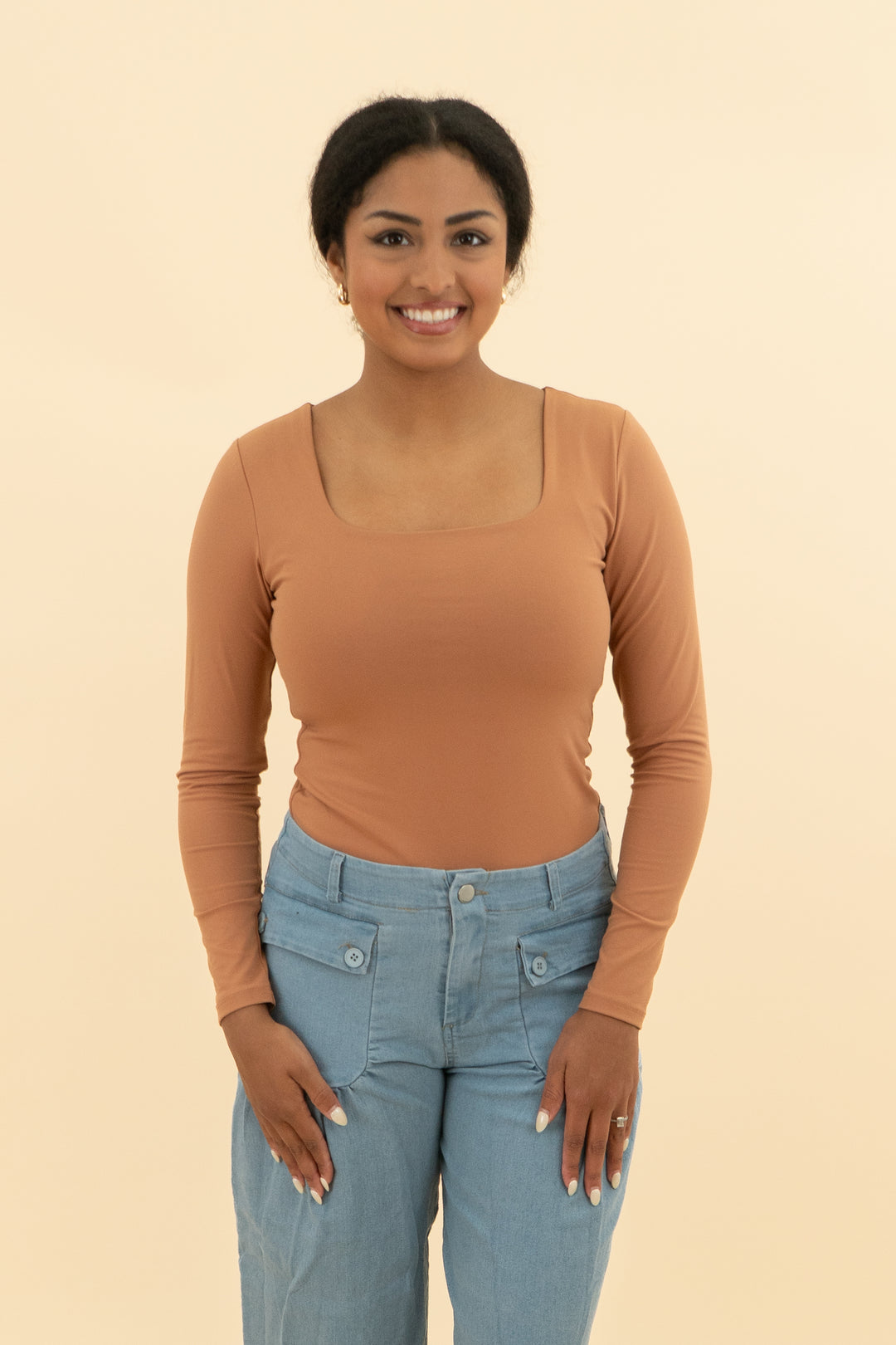 nuuds tan long sleeve bodysuit (m; retail $68)