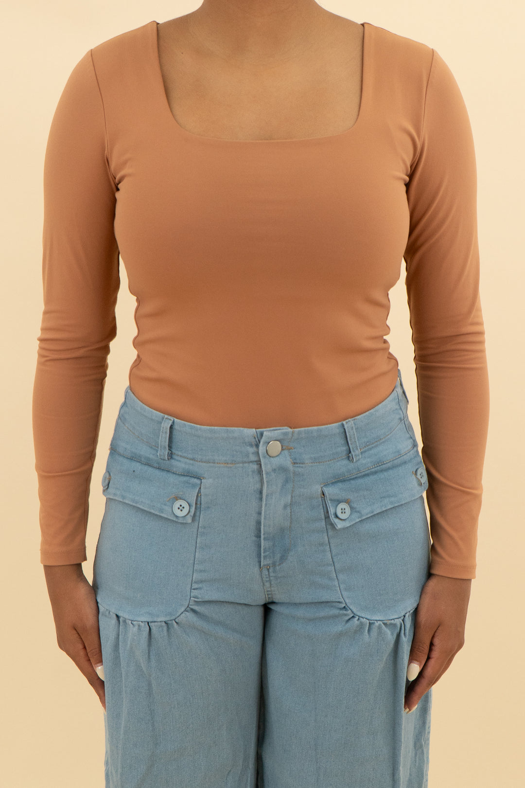 nuuds tan long sleeve bodysuit (m; retail $68)