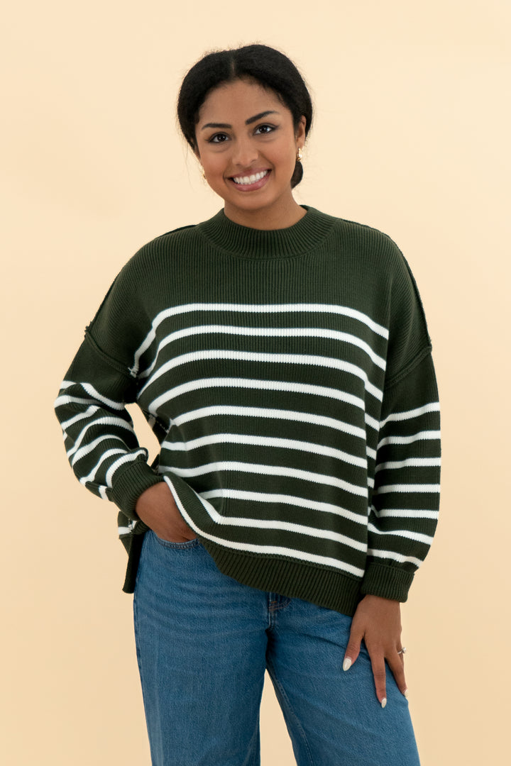 zenana green & white striped sweater nwt (s/m; retail $42)