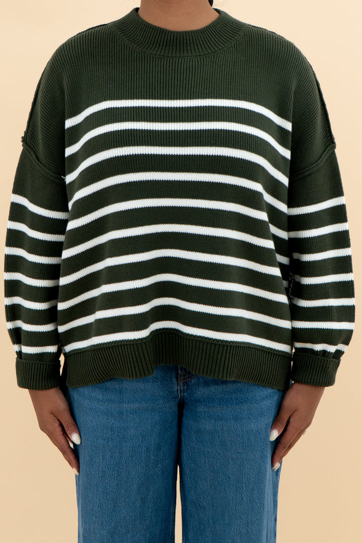 zenana green & white striped sweater nwt (s/m; retail $42)