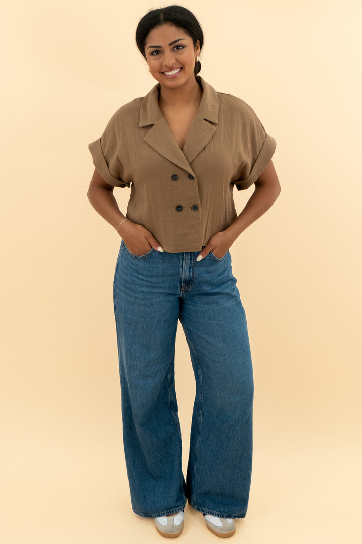 zara brown short sleeve button up linen top nwt (m; retail $49.90)