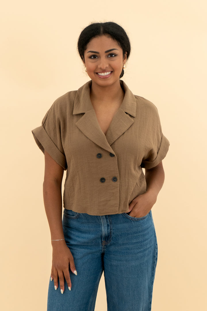 zara brown short sleeve button up linen top nwt (m; retail $49.90)