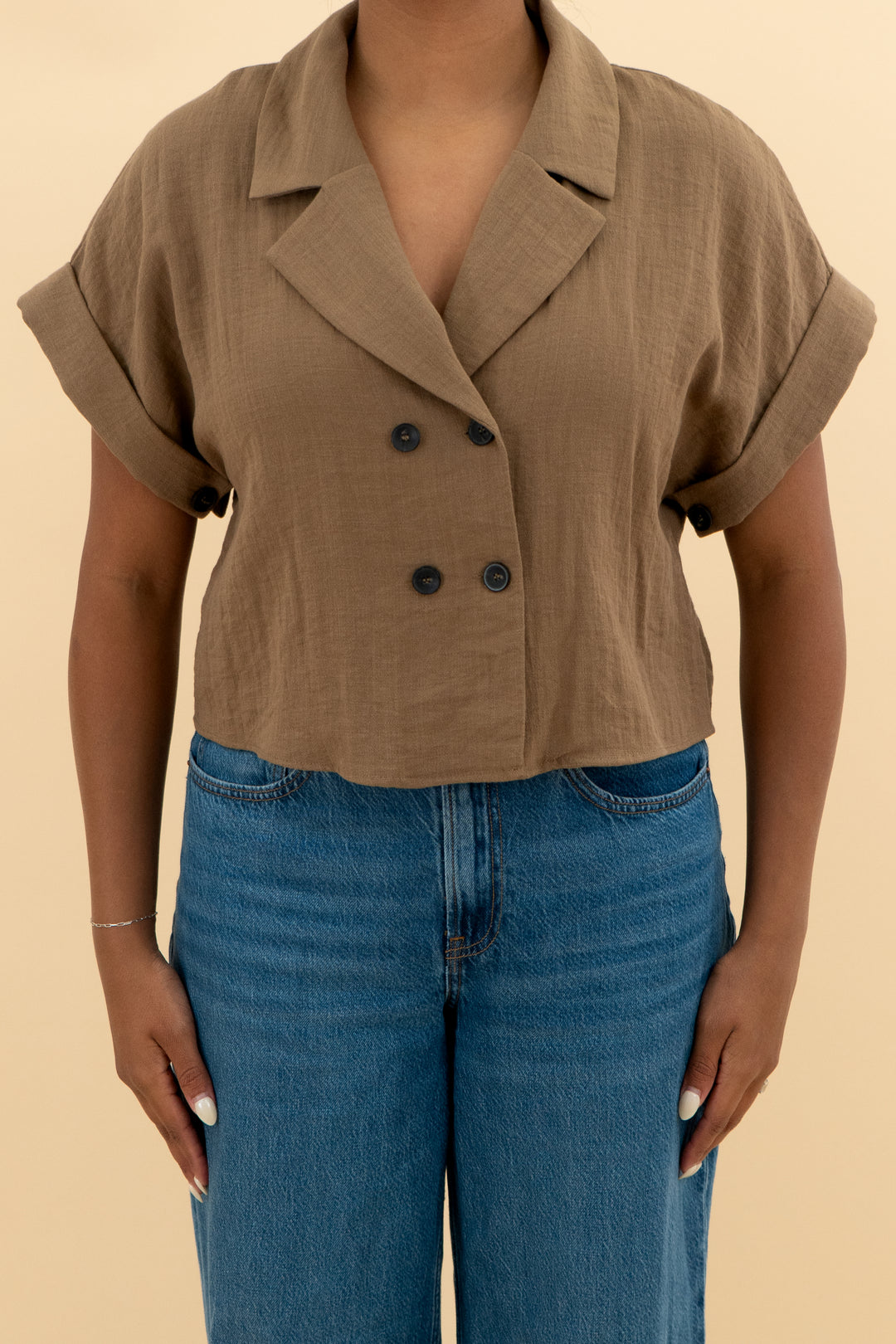 zara brown short sleeve button up linen top nwt (m; retail $49.90)