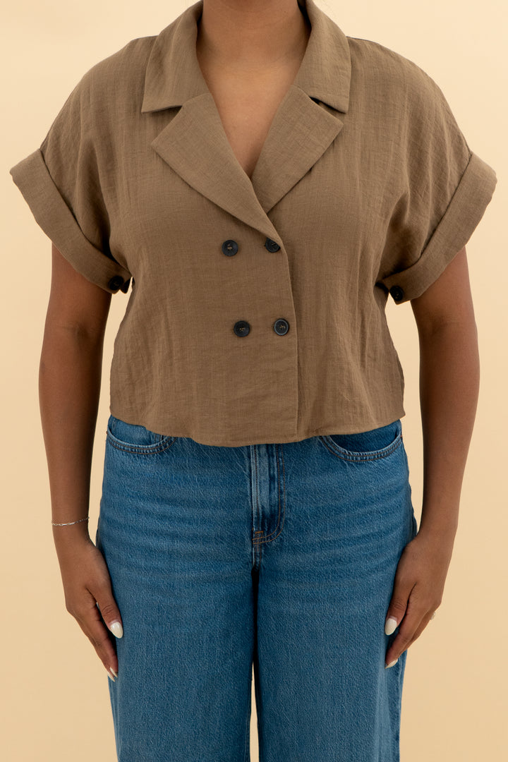 zara brown short sleeve button up linen top nwt (m; retail $49.90)