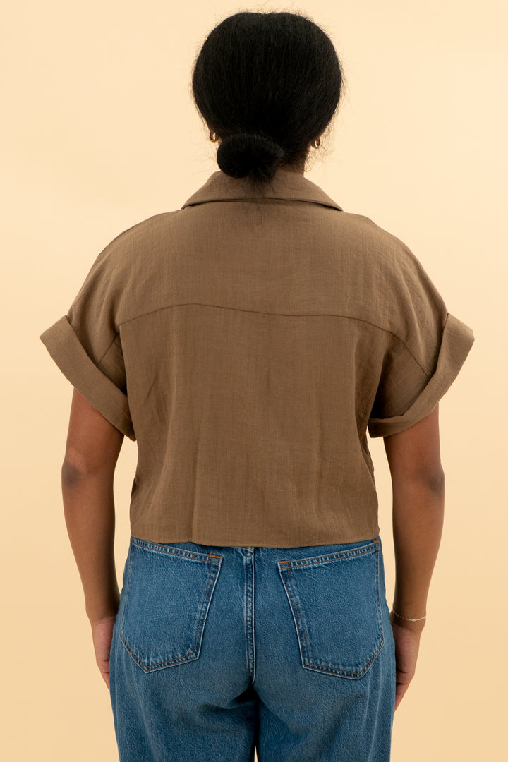 zara brown short sleeve button up linen top nwt (m; retail $49.90)