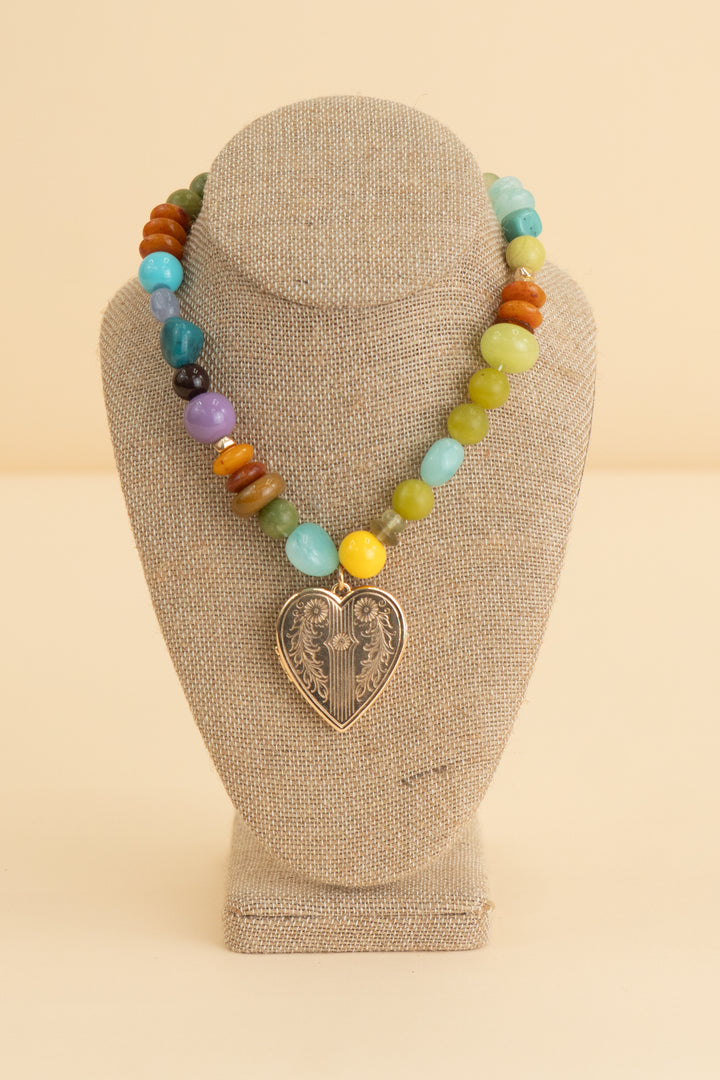 serefina multi beaded gold heart locket necklace