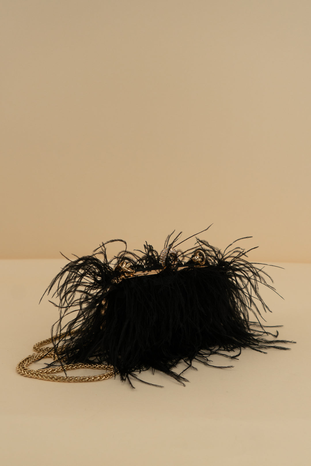 black feather clutch w/ gold chain strap