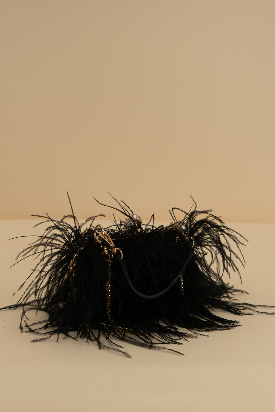 black feather clutch w/ gold chain strap