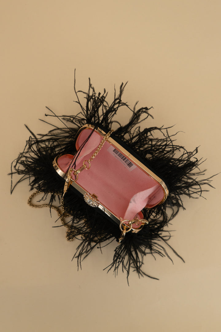 black feather clutch w/ gold chain strap
