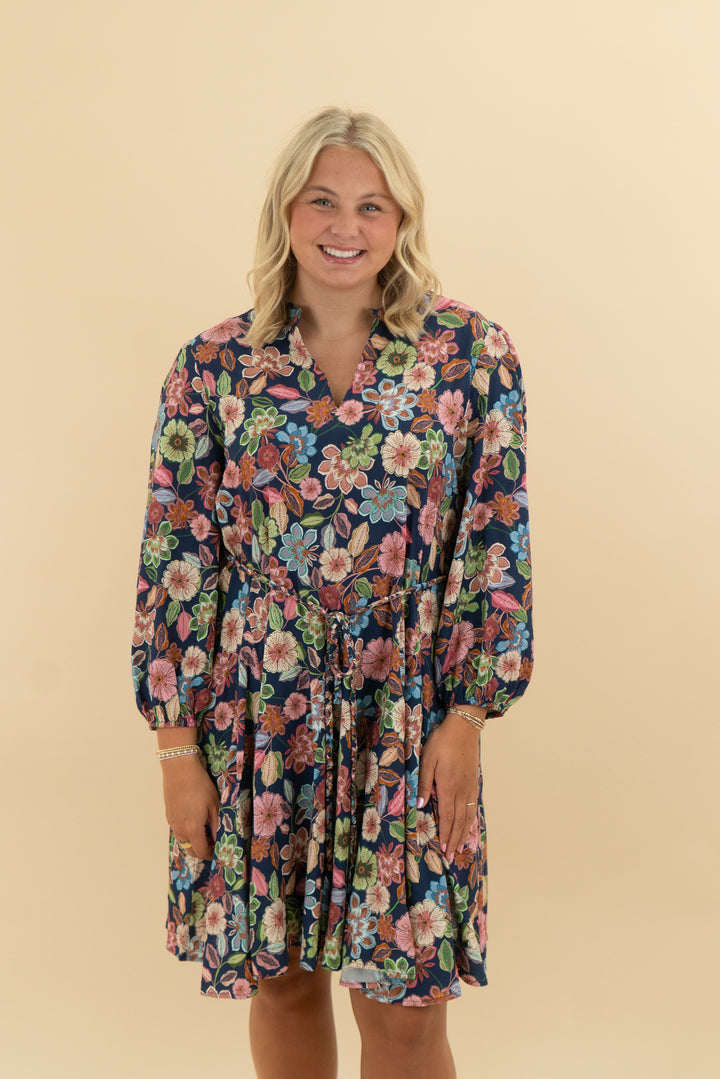 hermoza navy floral belt dress nwt (l; retail $238)