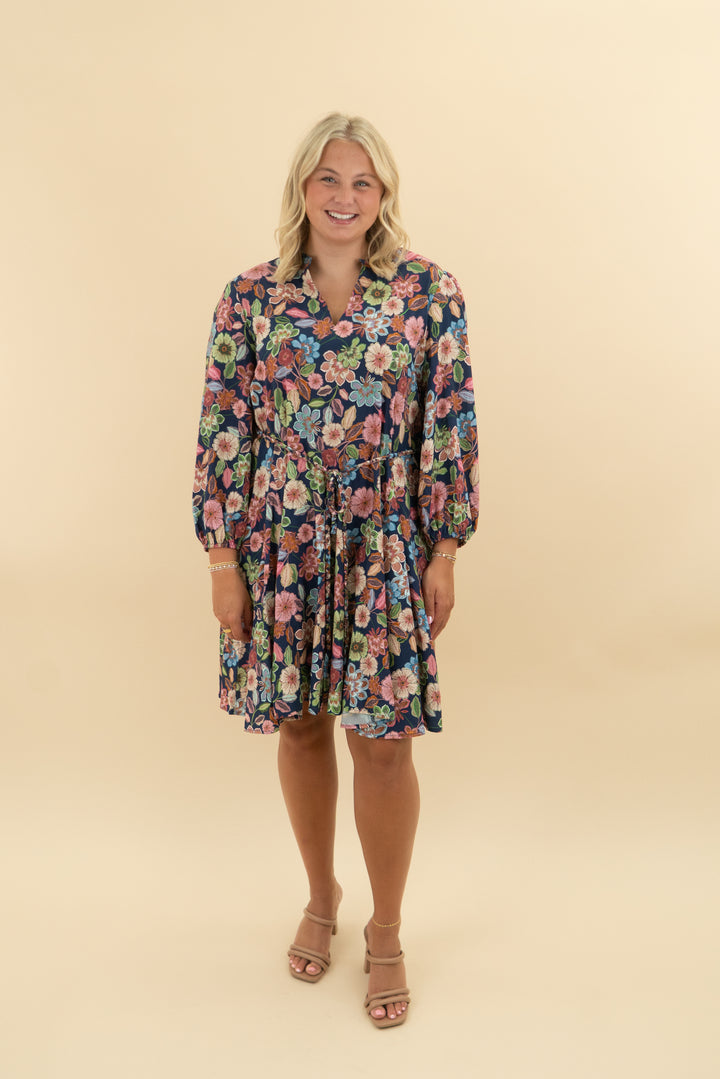 hermoza navy floral belt dress nwt (l; retail $238)