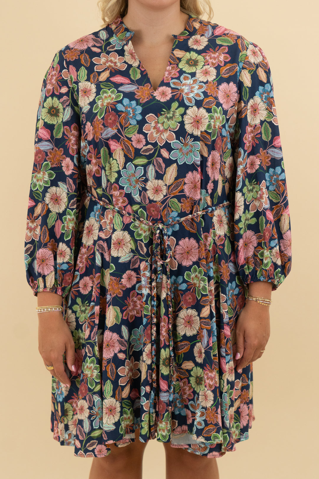 hermoza navy floral belt dress nwt (l; retail $238)