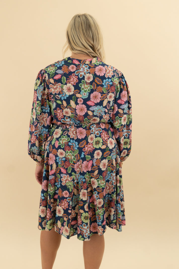 hermoza navy floral belt dress nwt (l; retail $238)